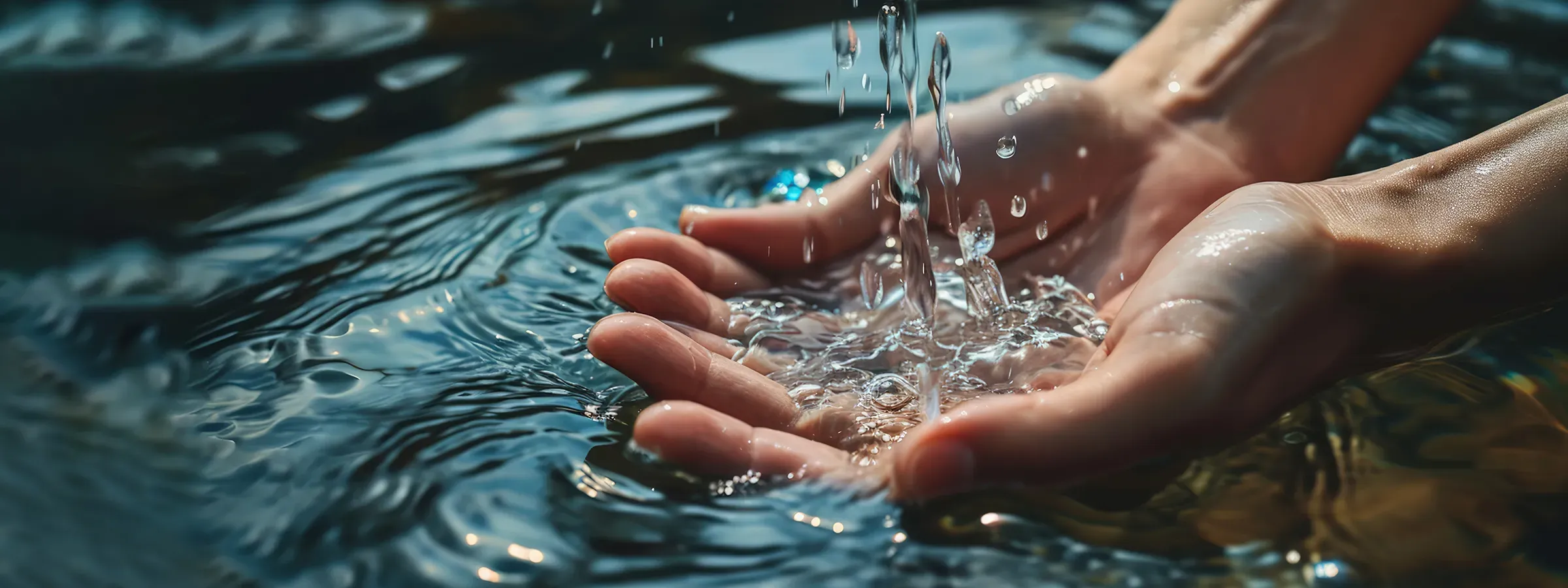 Manos recibiendo un chorro de agua potable limpia y cristalina