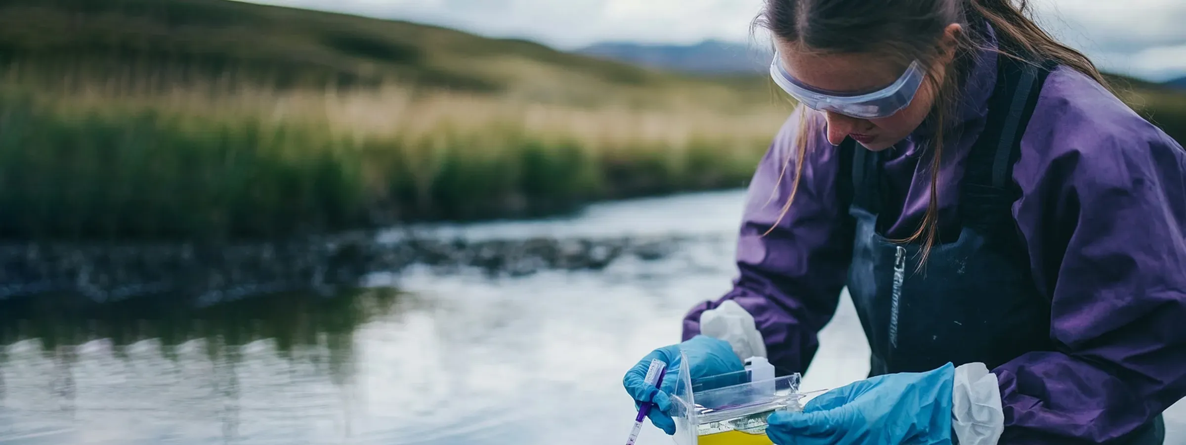 Analista con guantes y gafas tomando muestras de agua para análisis fisicoquímico y microbiológico