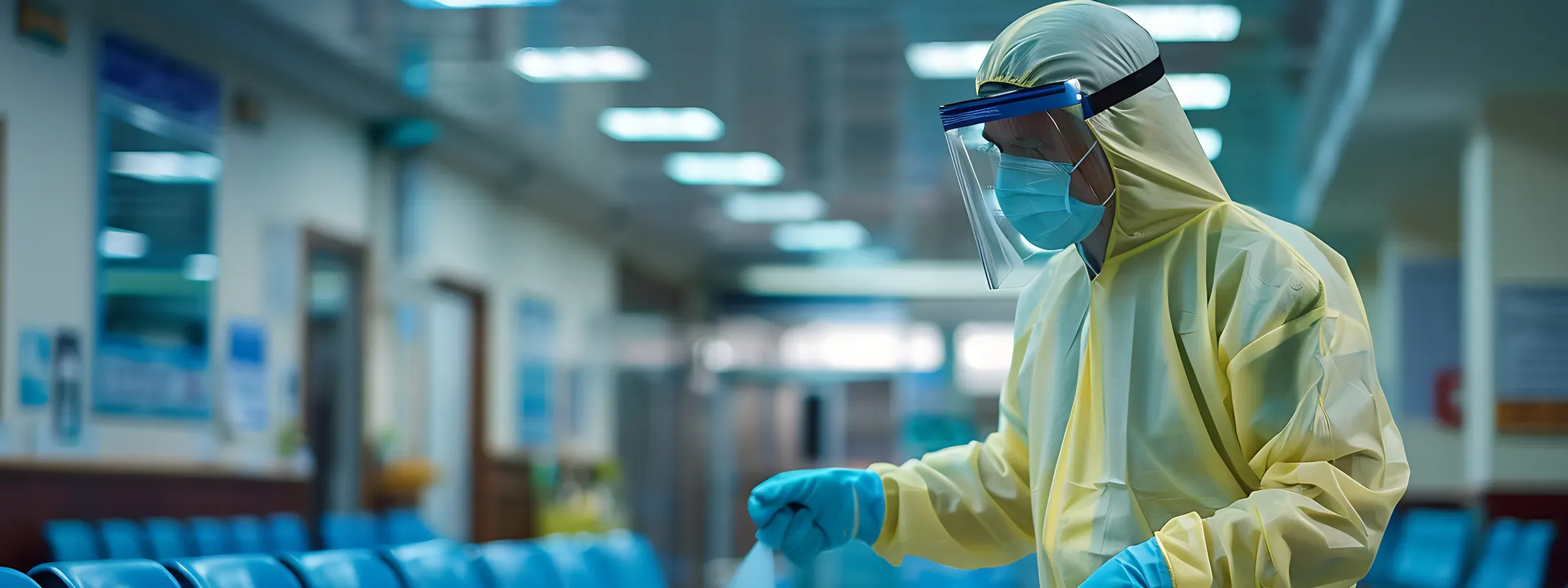 Técnico con traje de protección y careta aplicando control de plagas en la sala de espera de una clínica en Bogotá
