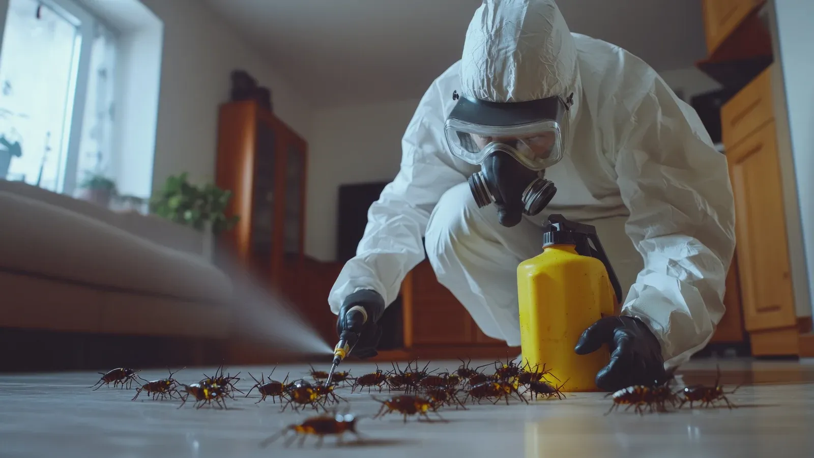 técnico de Fumigaciones El Triunfo fumigando cucarachas en una vivienda de Bogotá