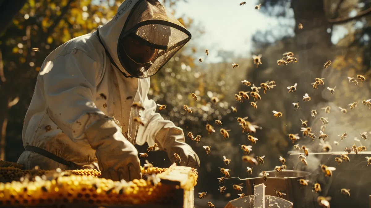 Apicultor con traje de protección usando un ahumador junto a un panal con abejas volando en Bogotá