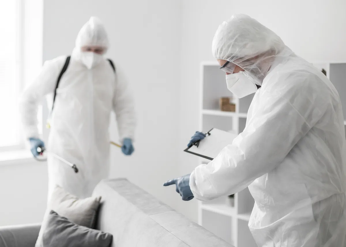 Técnicos con traje de protección inspeccionando y desinfectando una sala durante un servicio de desinfección en Bogotá