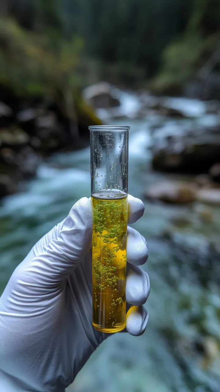 Mano con guante sosteniendo un tubo de ensayo con una muestra de agua para análisis de laboratorio