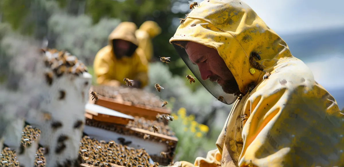 Apicultores con traje de protección revisando colmenas al reubicar un enjambre de abejas en un apiario